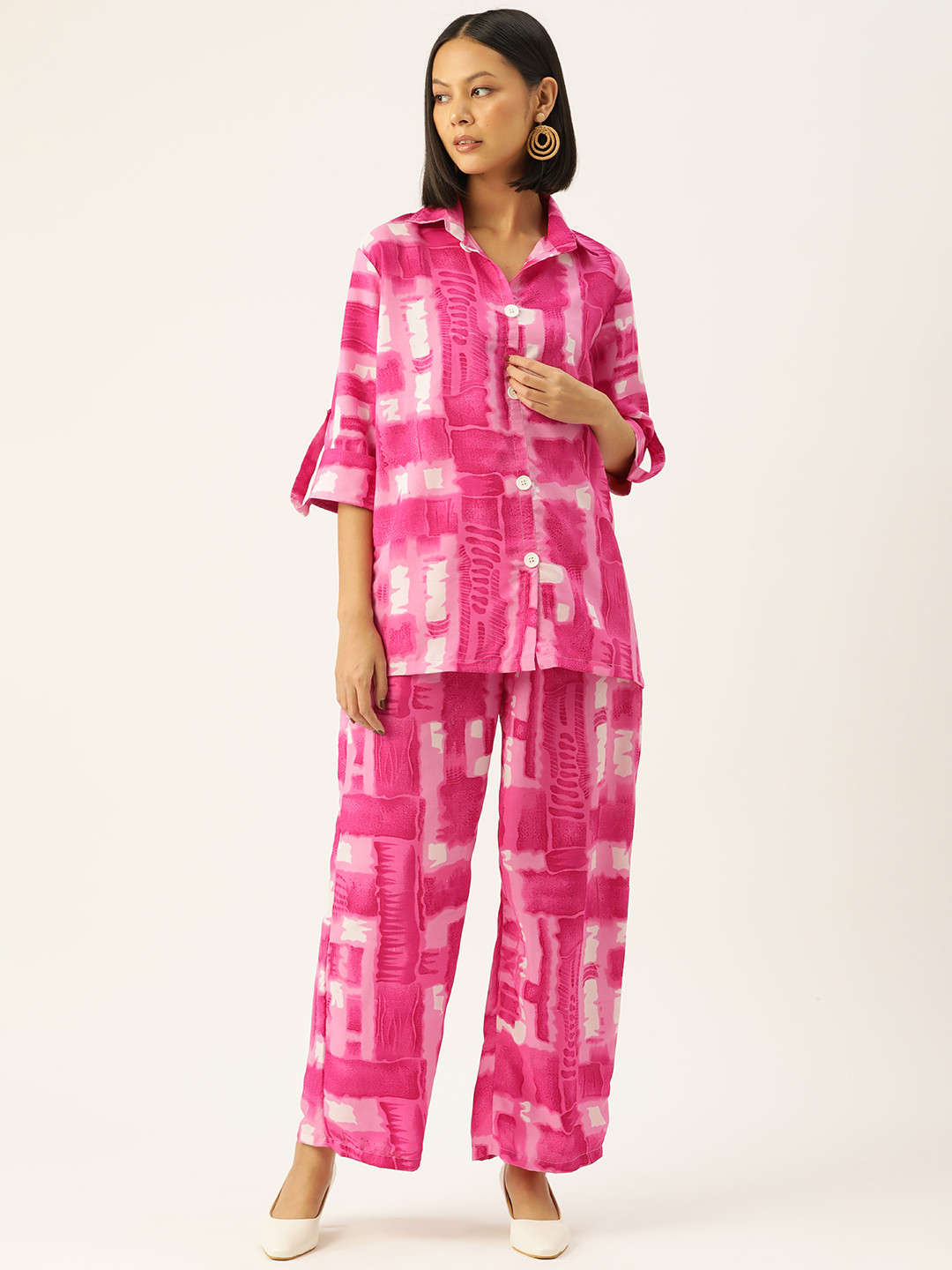 

Sleek Italia Women Printed Shirt & Trousers Co-Ords, Pink
