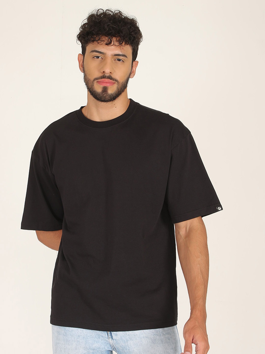 

PRONK Drop-Shoulder Sleeves Pure Cotton Oversized T-shirt, Black