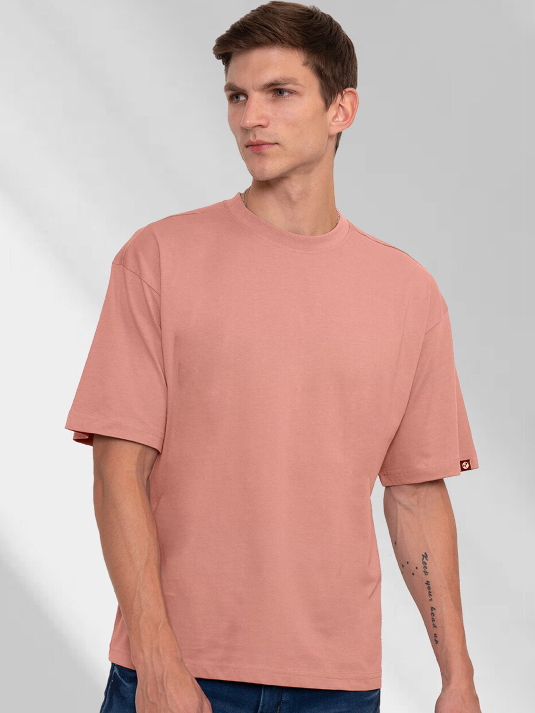 

PRONK Drop-Shoulder Sleeves Pure Cotton Oversized T-shirt, Pink