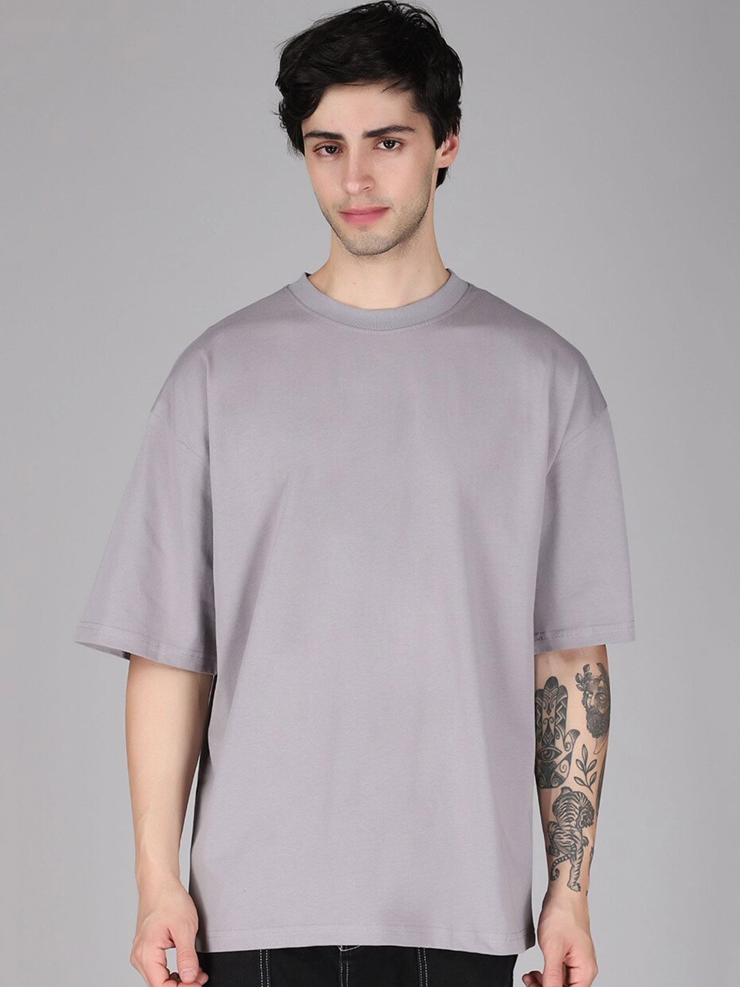 

PRONK Drop-Shoulder Sleeves Pure Cotton Oversized T-shirt, Grey