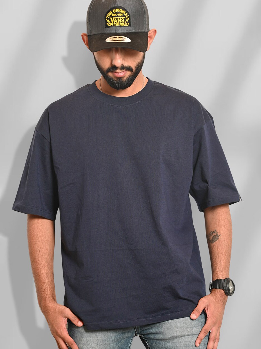 

PRONK Drop-Shoulder Sleeves Pure Cotton Oversized T-shirt, Navy blue