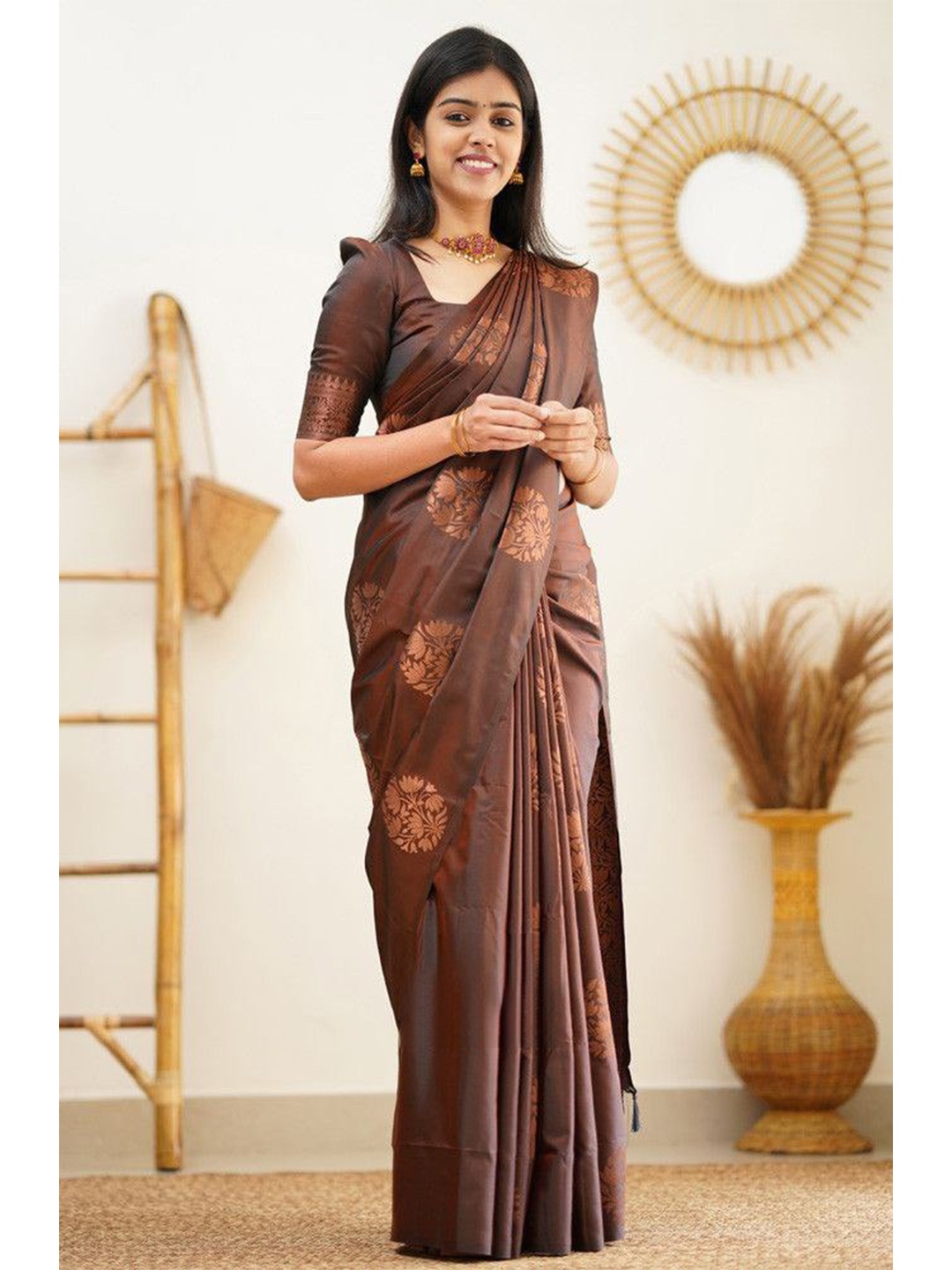 

Areca Designer Ethnic Motifs Woven Design Zari Art Silk Banarasi Saree, Brown