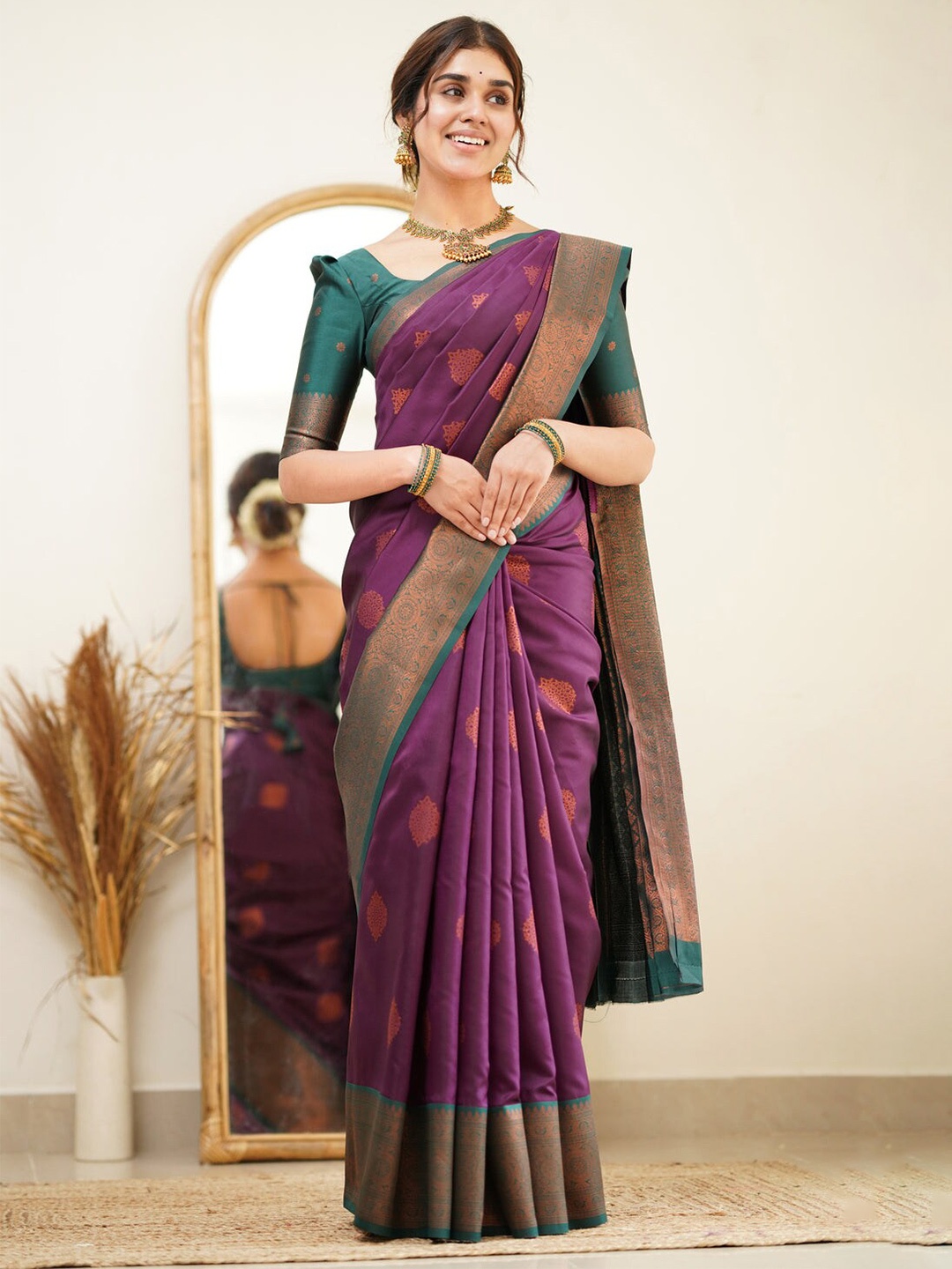 

Areca Designer Ethnic Motifs Woven Design Zari Art Silk Banarasi Saree, Purple