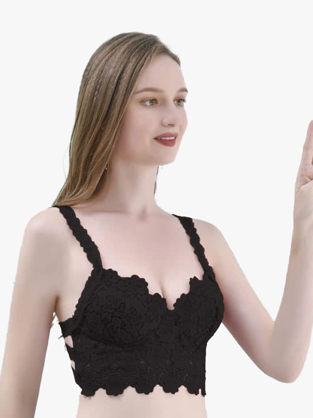 

Krelin Floral Lace Half Coverage Lightly Padded Bralette Bra, Black