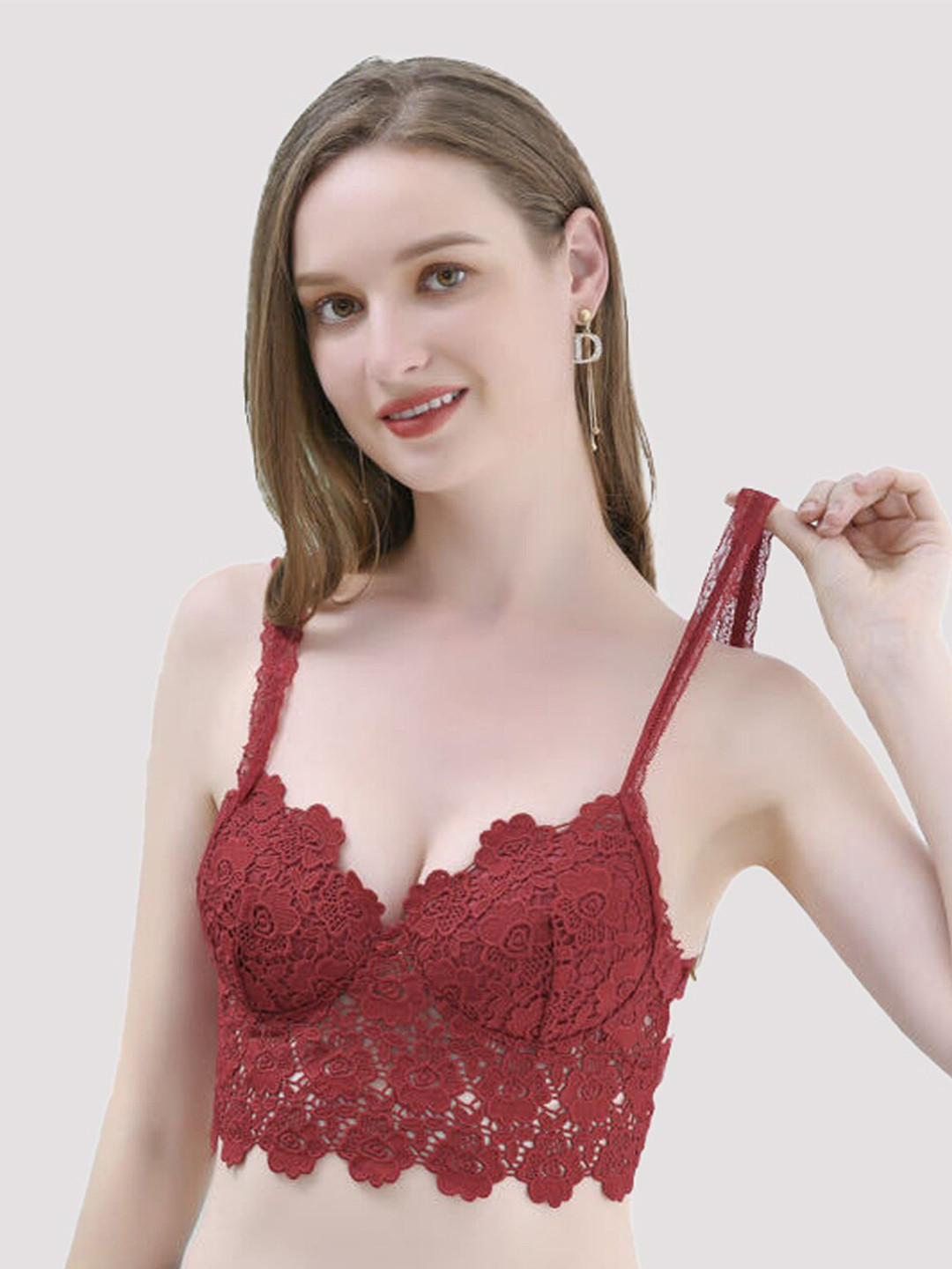 

Krelin Floral Lace Half Coverage Lightly Padded Bralette Bra, Red