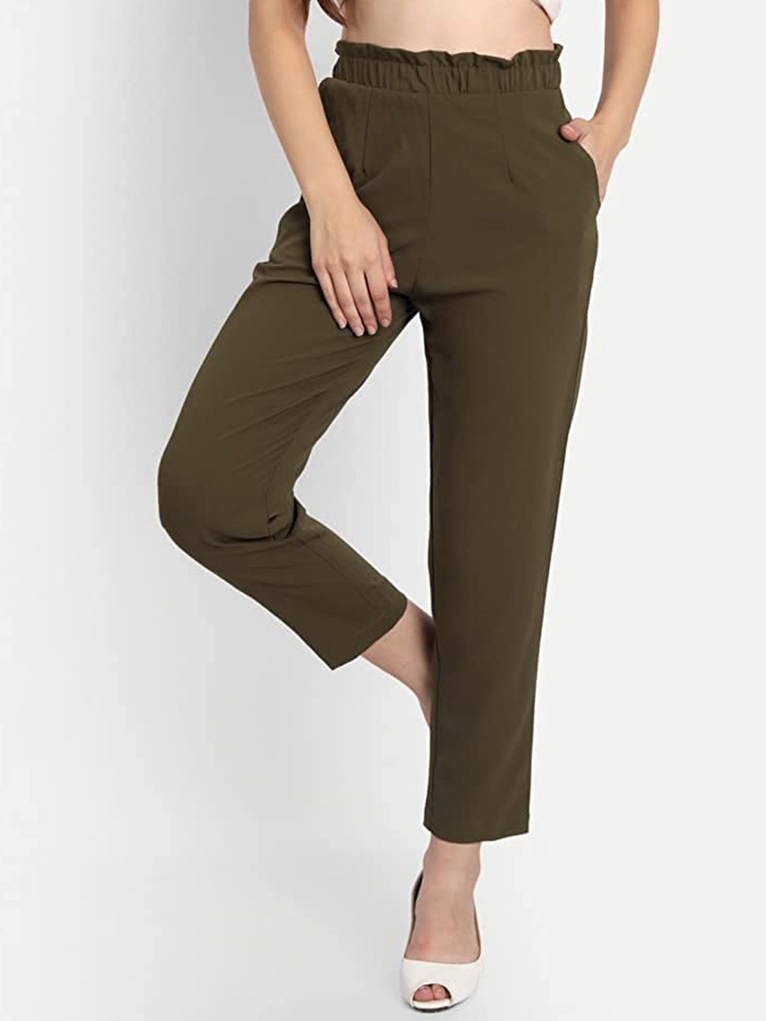 

BELAVINE Women Slim Fit High-Rise Trousers, Olive