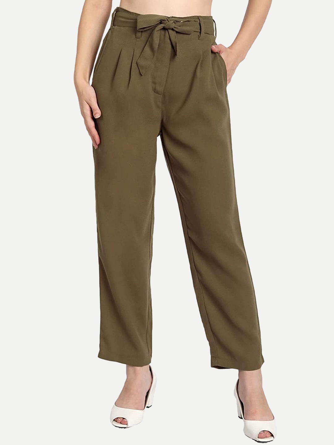 

BELAVINE Women High-Rise Skinny Fit Belted Formal Trousers, Olive