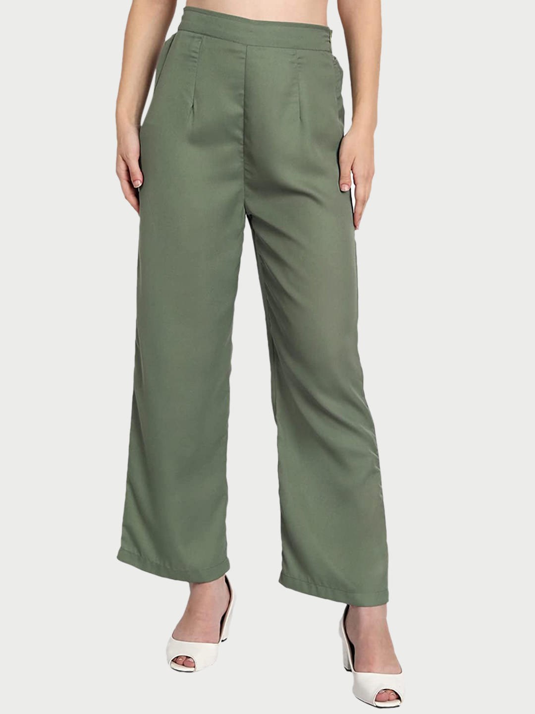 

BELAVINE Women Straight Fit High-Rise Trousers, Olive