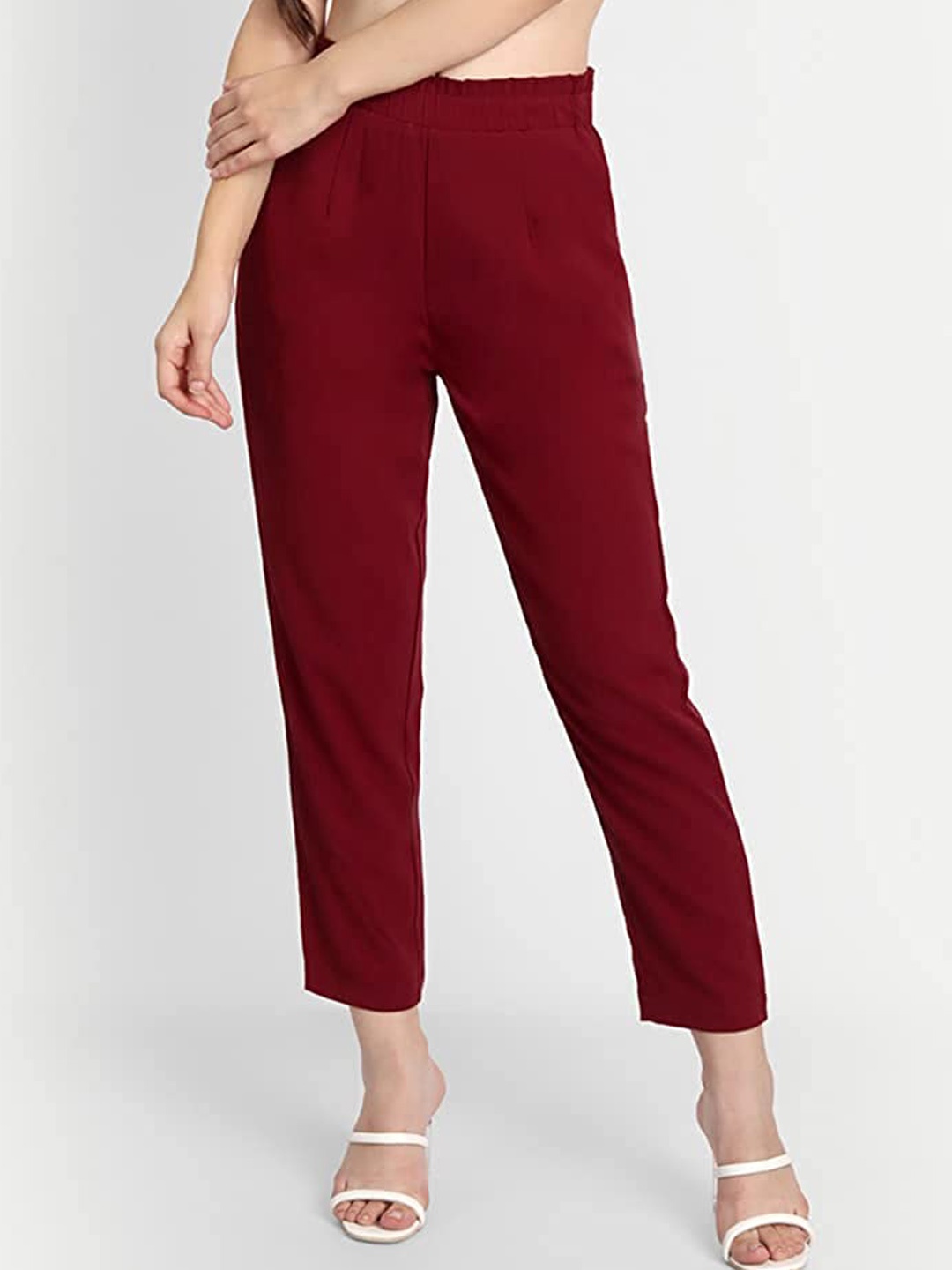 

BELAVINE Women Slim Fit High-Rise Pleated Skinny Fit Trousers, Maroon