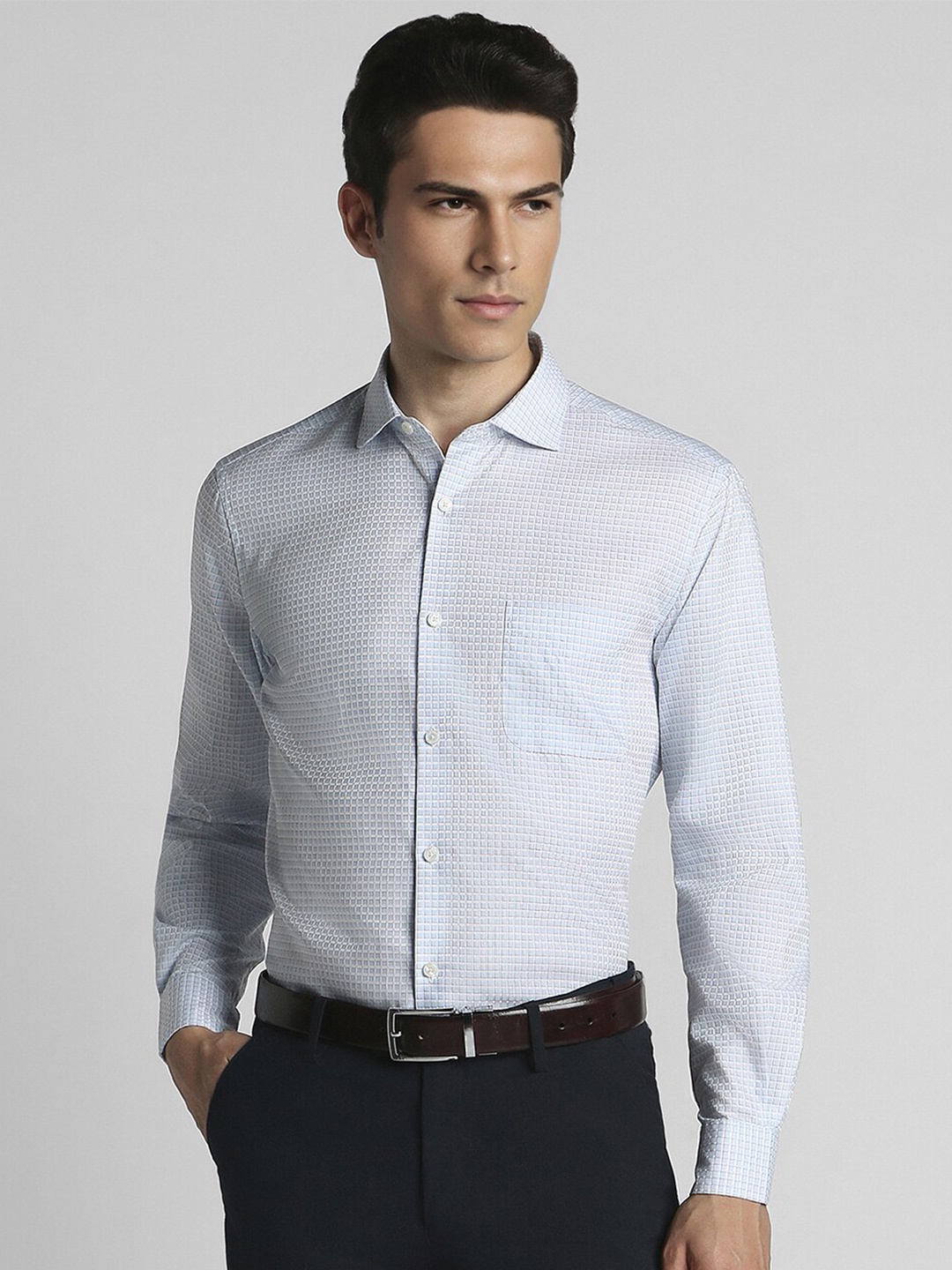 

Peter England Elite Windowpane Checked Pure Cotton Formal Shirt, Blue