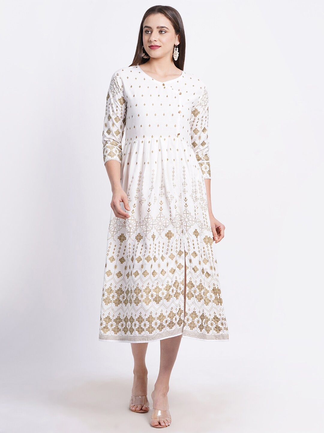 

VINISHAA KLOTHING Ethnic Motifs Printed Fit and Flare Midi Ethnic Dress, White