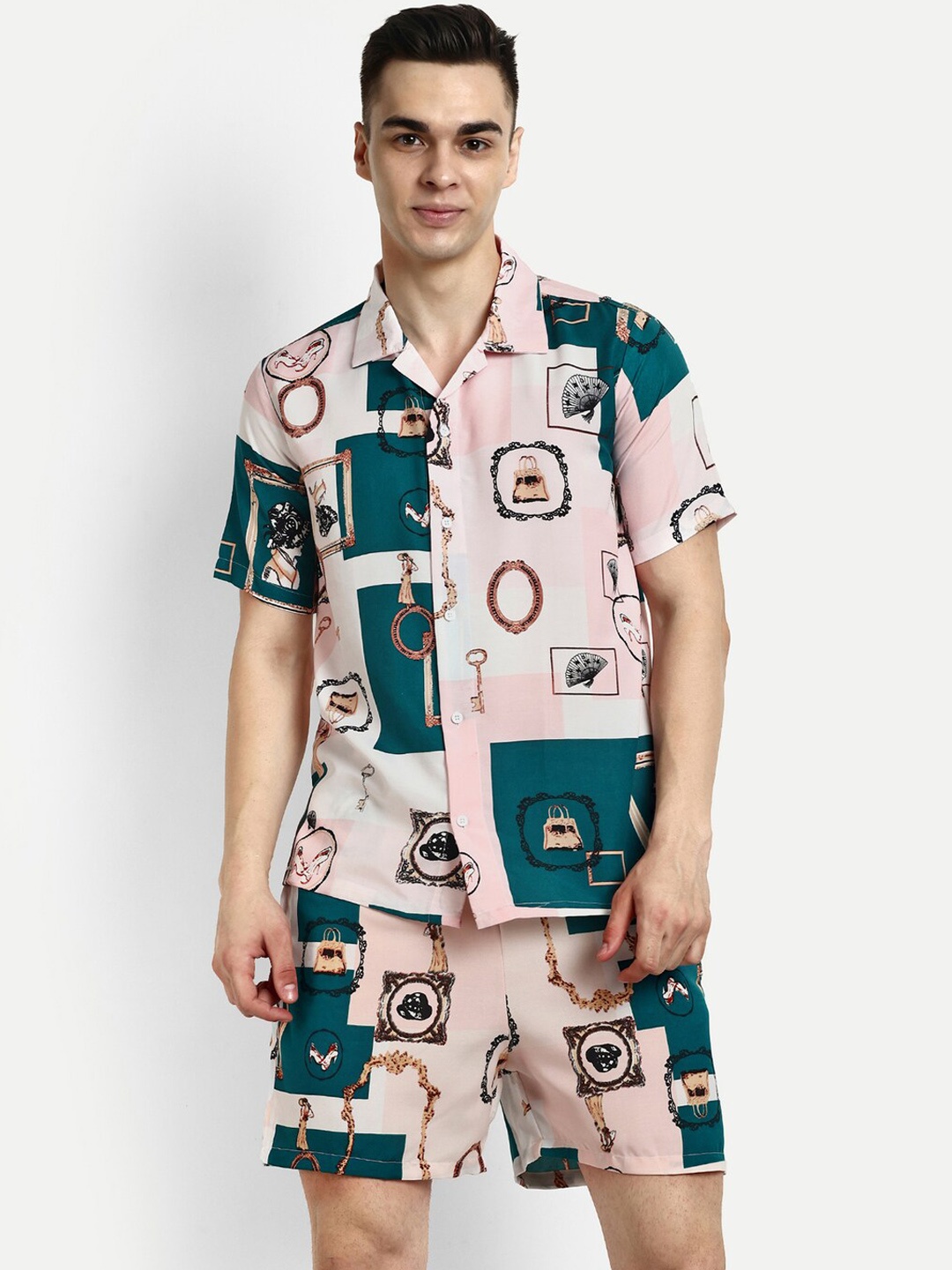 

GRECIILOOKS Printed Lapel Collar Shirt With Shorts, Off white