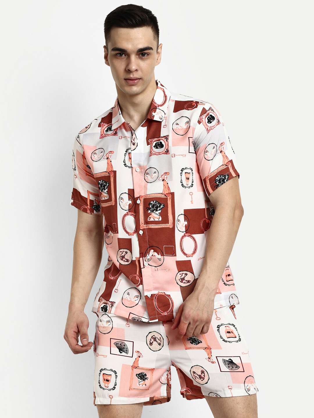

GRECIILOOKS Graphic Printed Shirt With Shorts Co-Ords, Brown