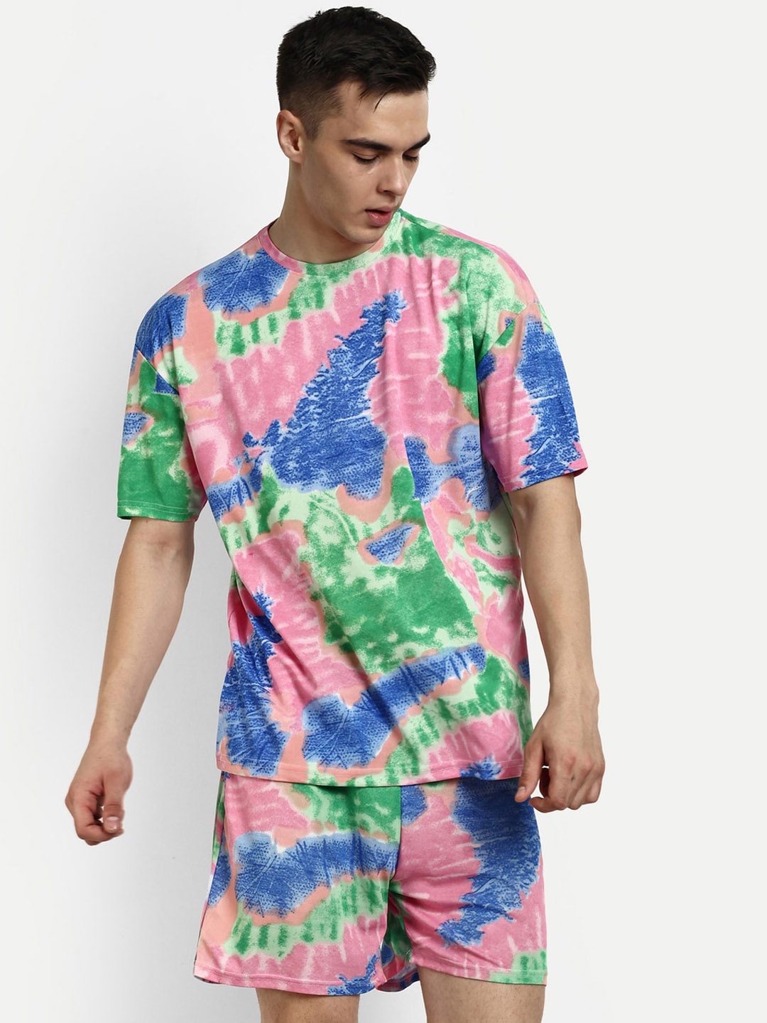 

GRECIILOOKS Printed T-Shirt& Shorts Co-Ords, Pink