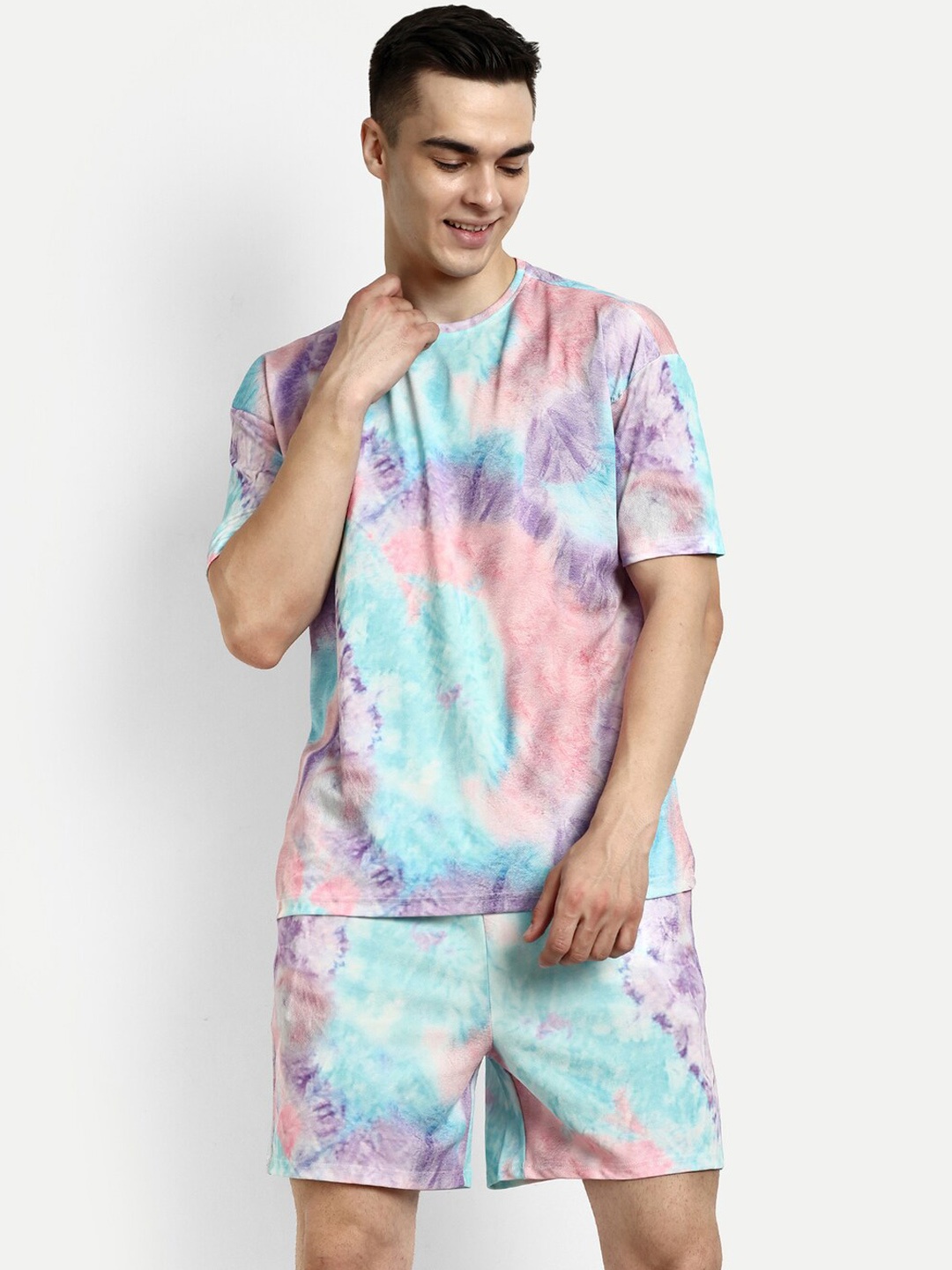 

GRECIILOOKS Tie & Dye Printed T-Shirt With Shorts Co-Ords, Blue