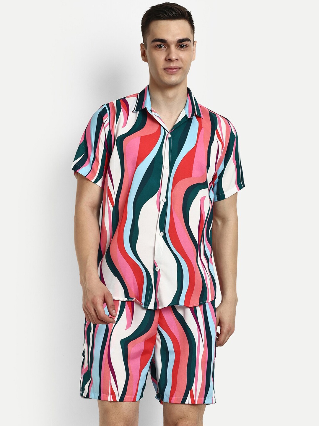 

GRECIILOOKS Printed Half Sleeves Shirts & Shorts Co-Ords, Pink