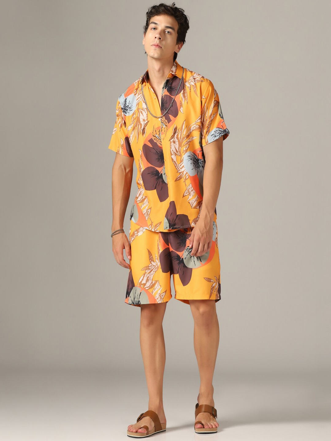 

GRECIILOOKS Floral Printed Shirt With Shorts Co-Ords, Mustard