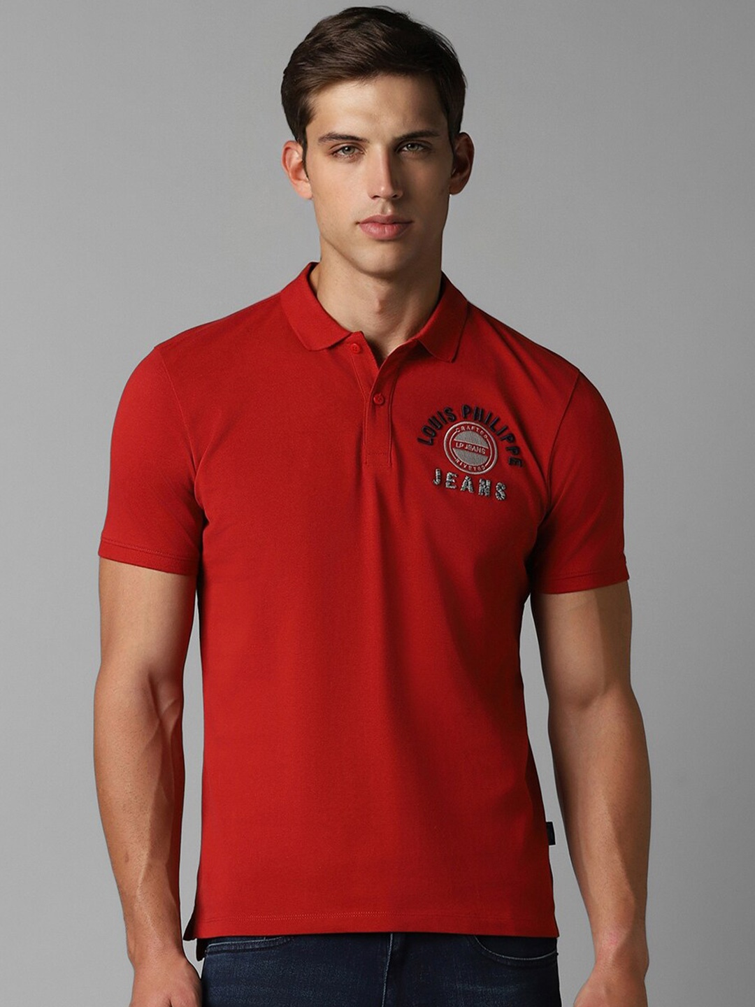 Louis Philippe Jeans Typography Polo Collar Cotton Slim Fit T-shirt, Red