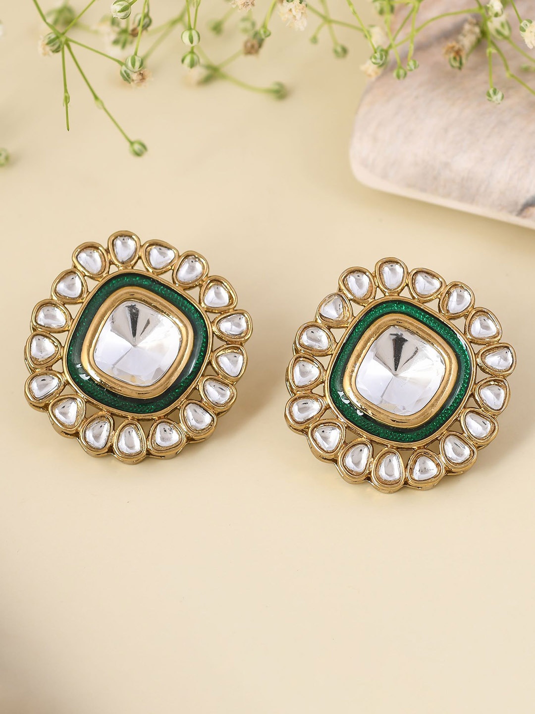 

Designbox Kundan-Studded Contemporary Studs Earrings, Gold