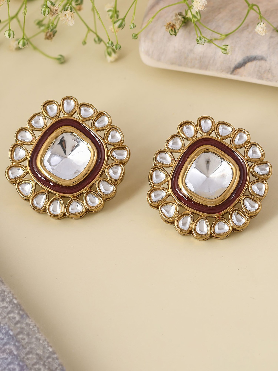 

Designbox Stone Studded Enamel Floral Studs Earrings, Gold