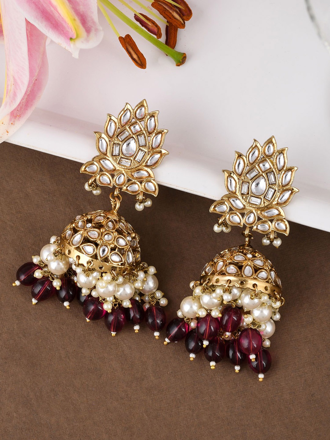 

Designbox Kundan-Studded Beaded Contemporary Jhumkas, Gold