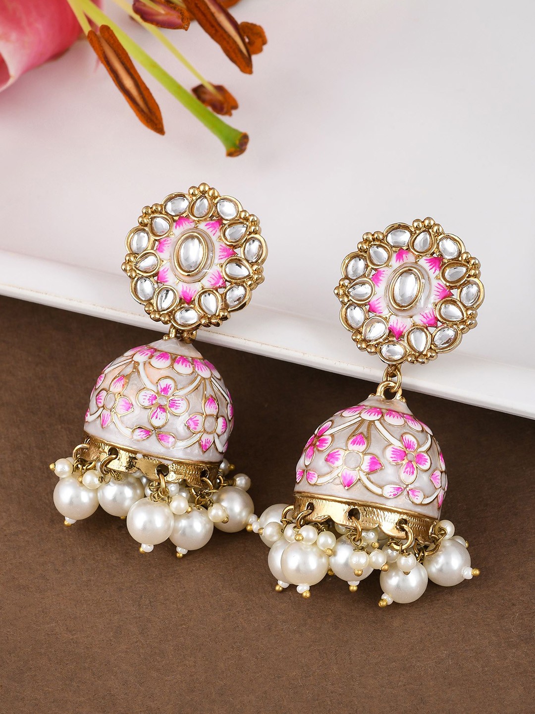 

Designbox Stone-Studded & Beaded Contemporary Jhumkas Earrings, Gold
