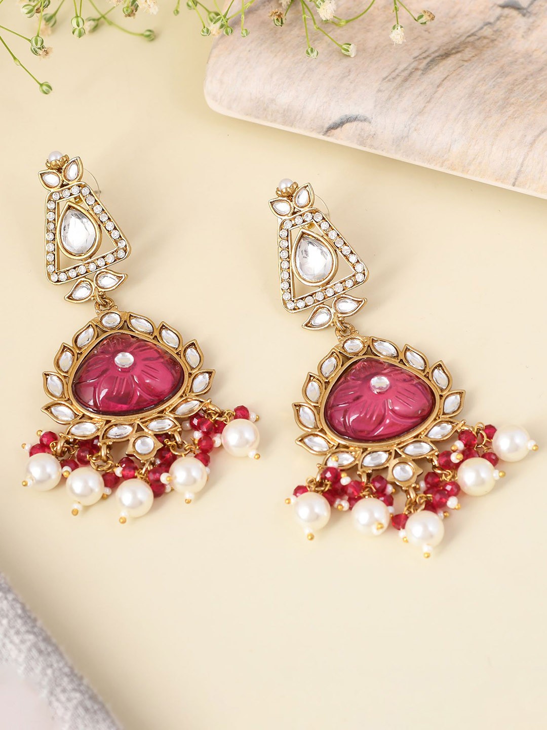 

Designbox Kundan-Studded Contemporary Drop Earrings, Gold