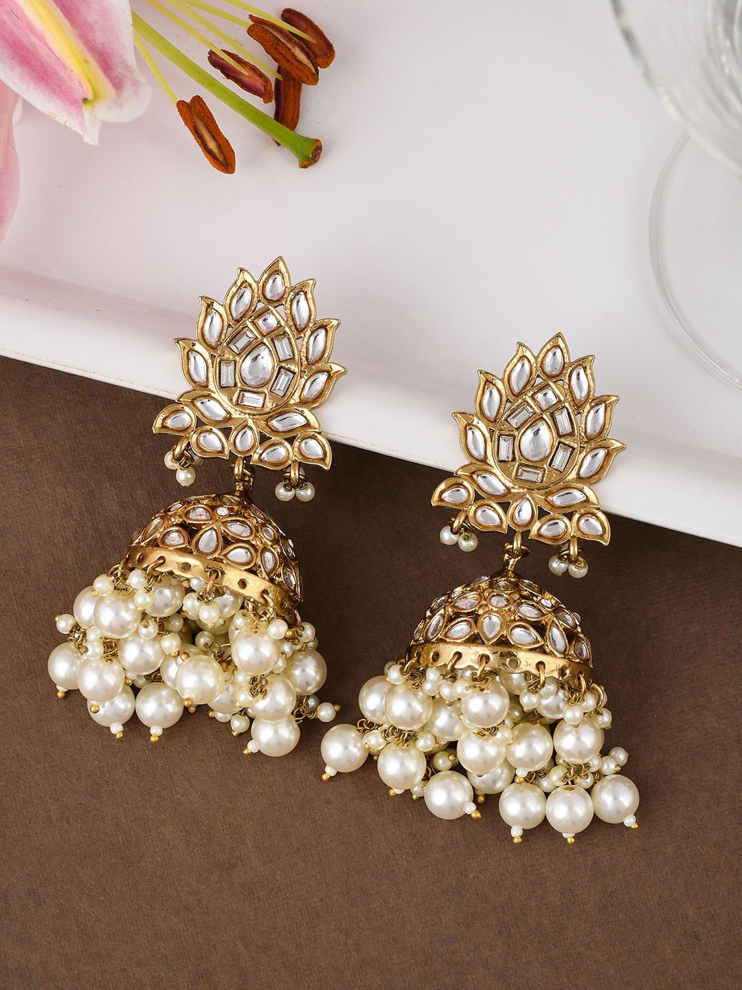 

Designbox Kundan-Studded Contemporary Jhumkas, Gold