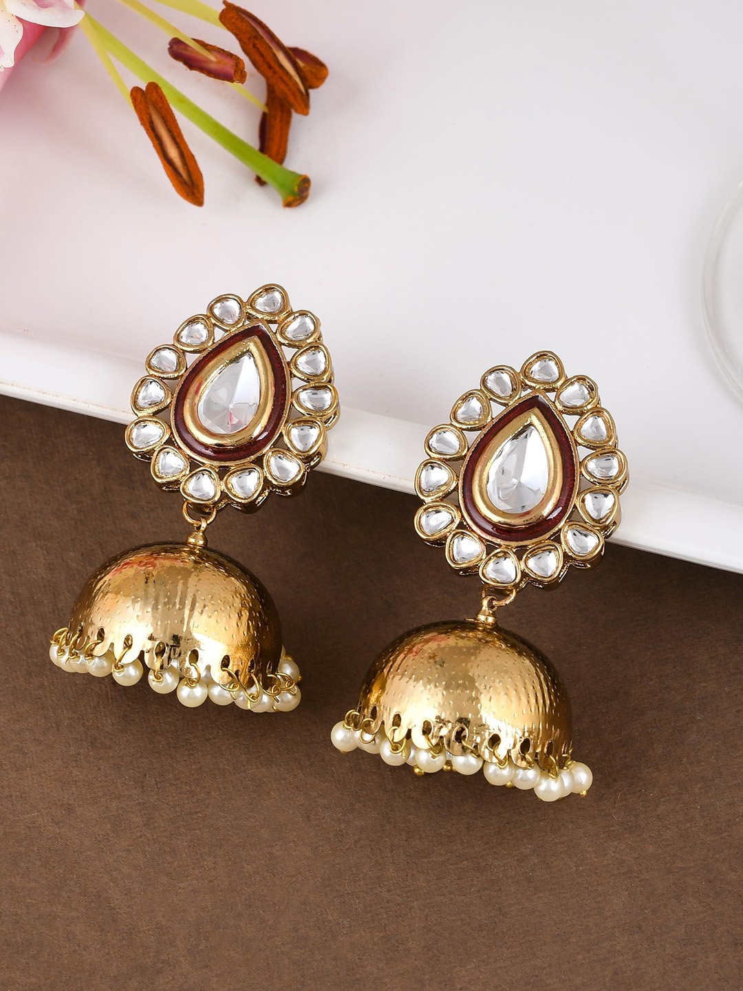 

Designbox Stone Studded & Beaded Dome Shaped Jhumkas, Gold