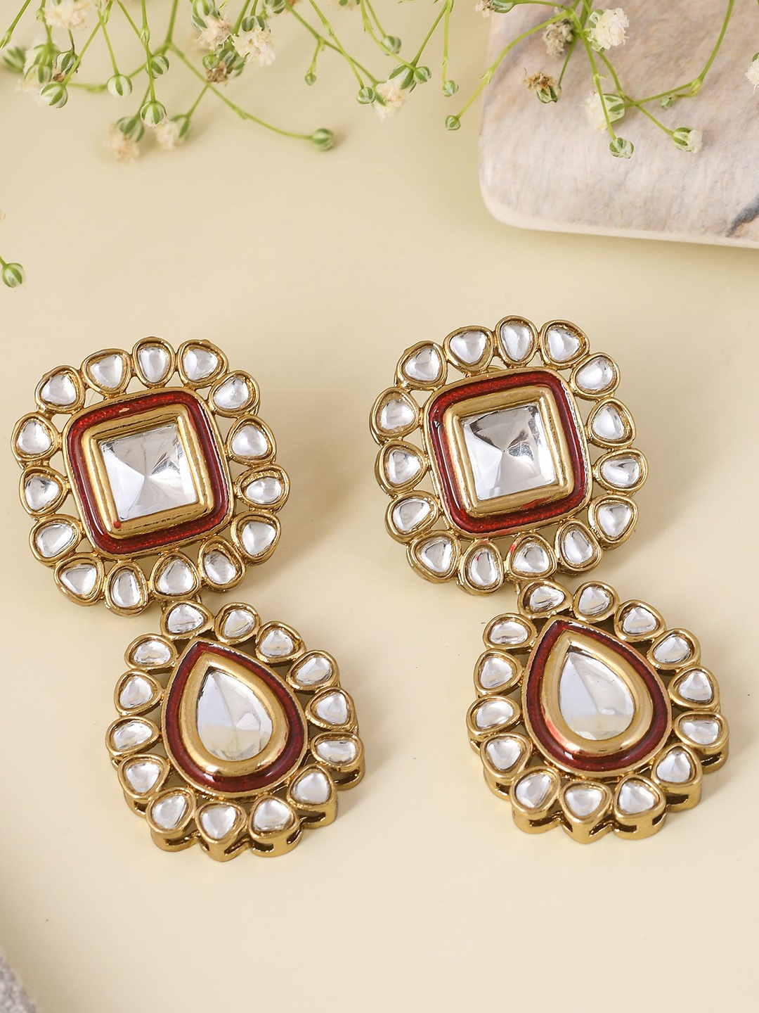 

Designbox Kundan-Studded Contemporary Drop Earrings, Gold