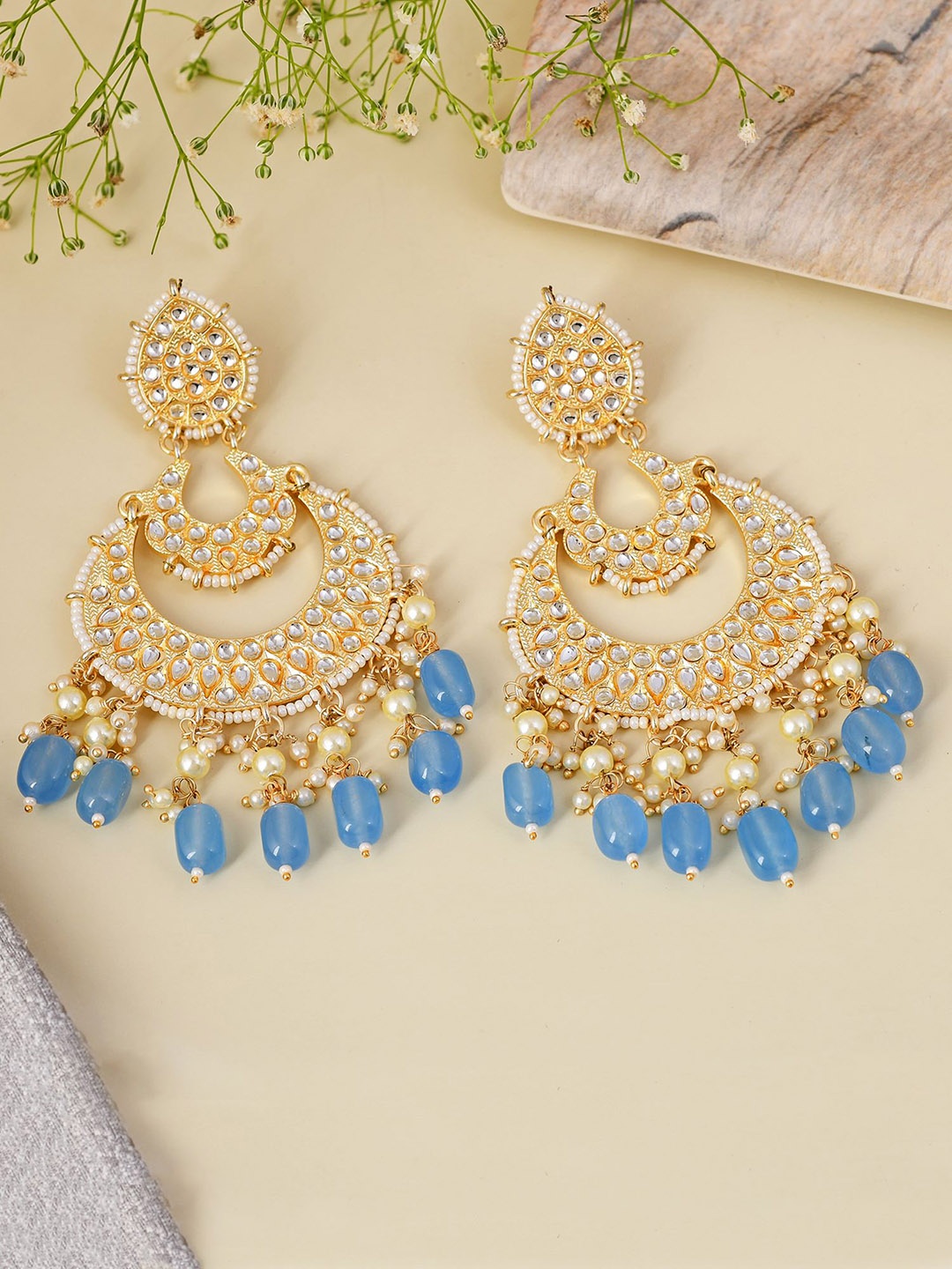 

Designbox Kundan Studded & Beaded Classic Chandbalis, Gold