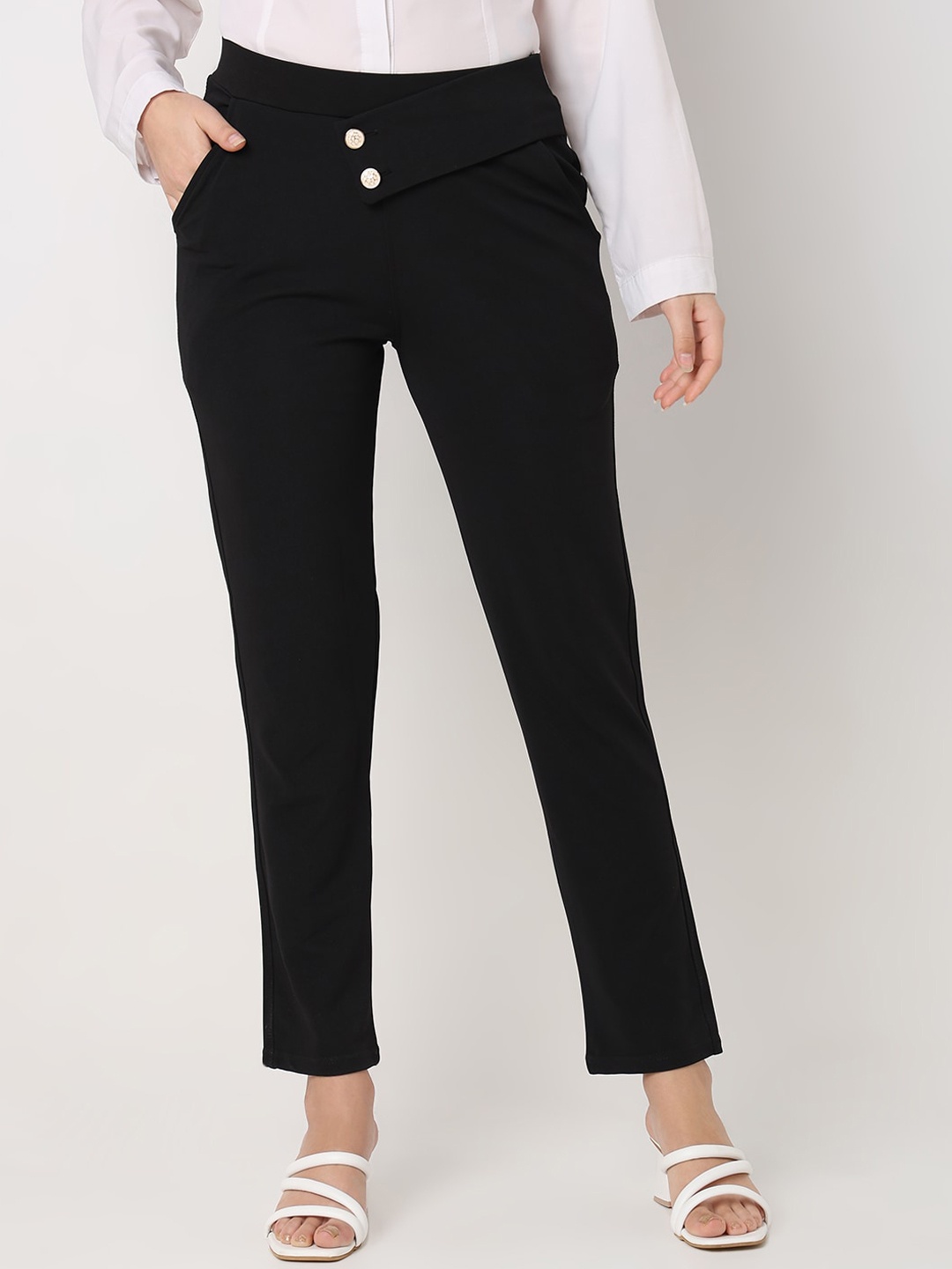 

Smarty Pants Women Sharp Straight Fit High Rise Wrinkle Free Formal Trousers, Black
