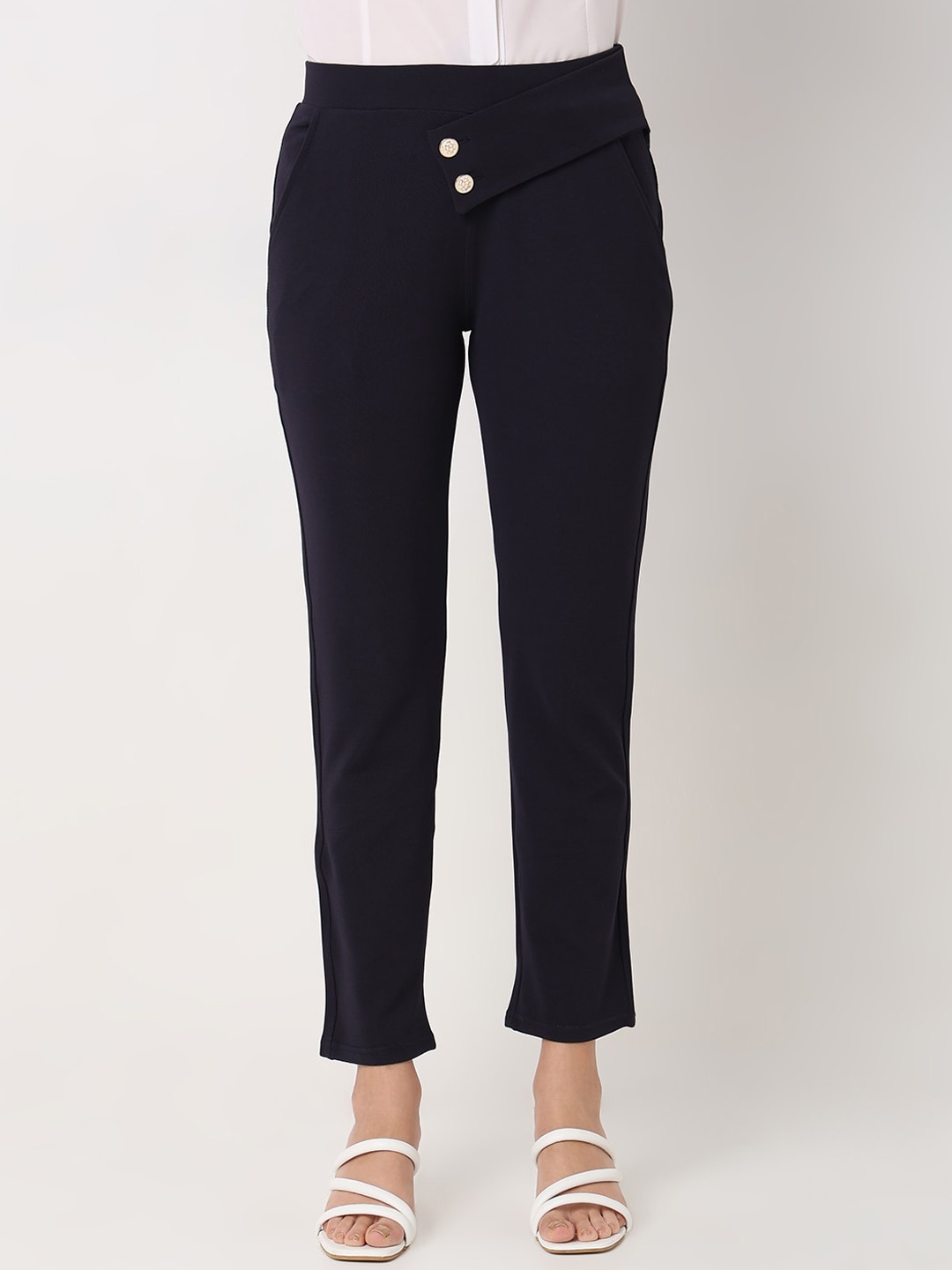 Smarty Pants Women Sharp Straight Fit High-Rise Wrinkle Free Cropped Formal Trousers, Blue