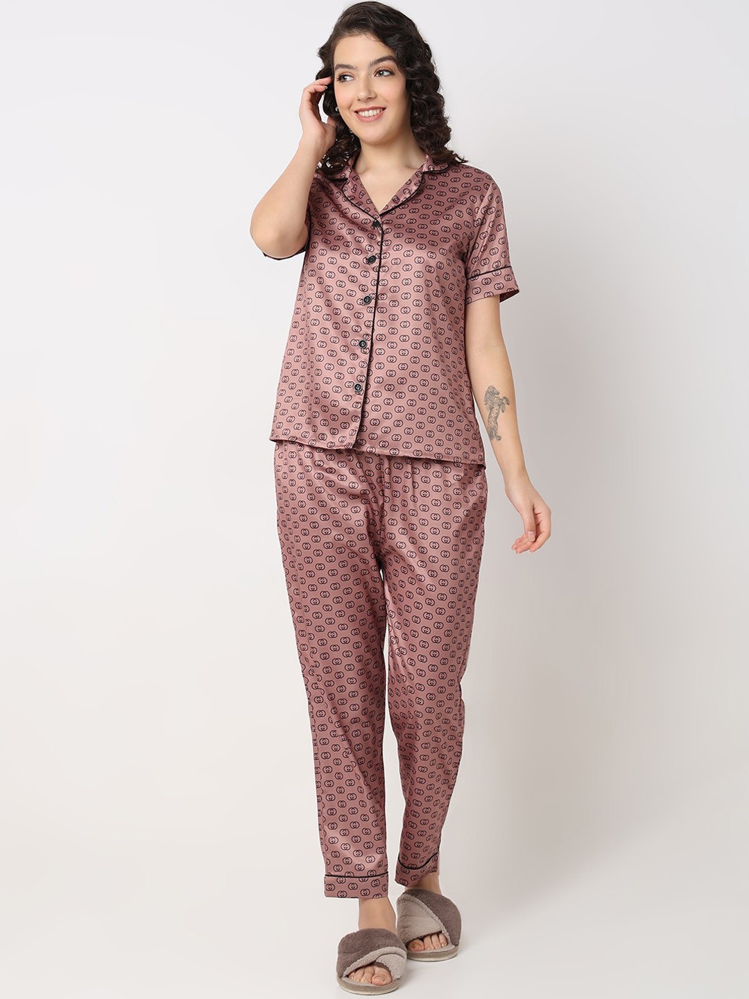 Smarty Pants Conversational Printed Silk Satin Night Suit, Brown