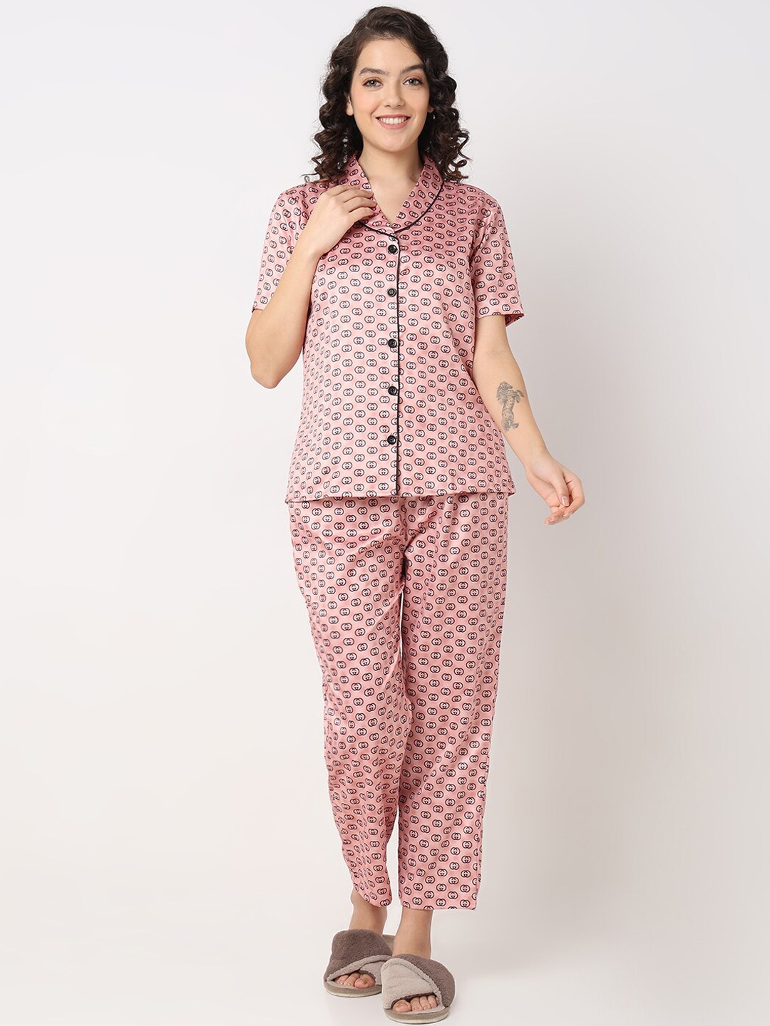 

Smarty Pants Conversational Printed Silk Satin Night Suit, Rose gold