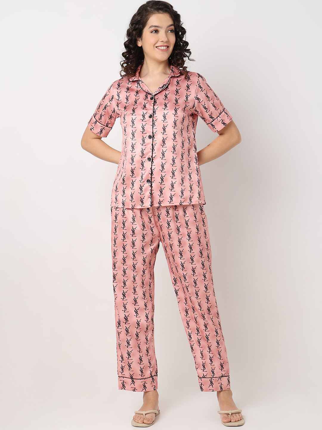 

Smarty Pants Conversational Printed Silk Satin Night Suit, Rose gold