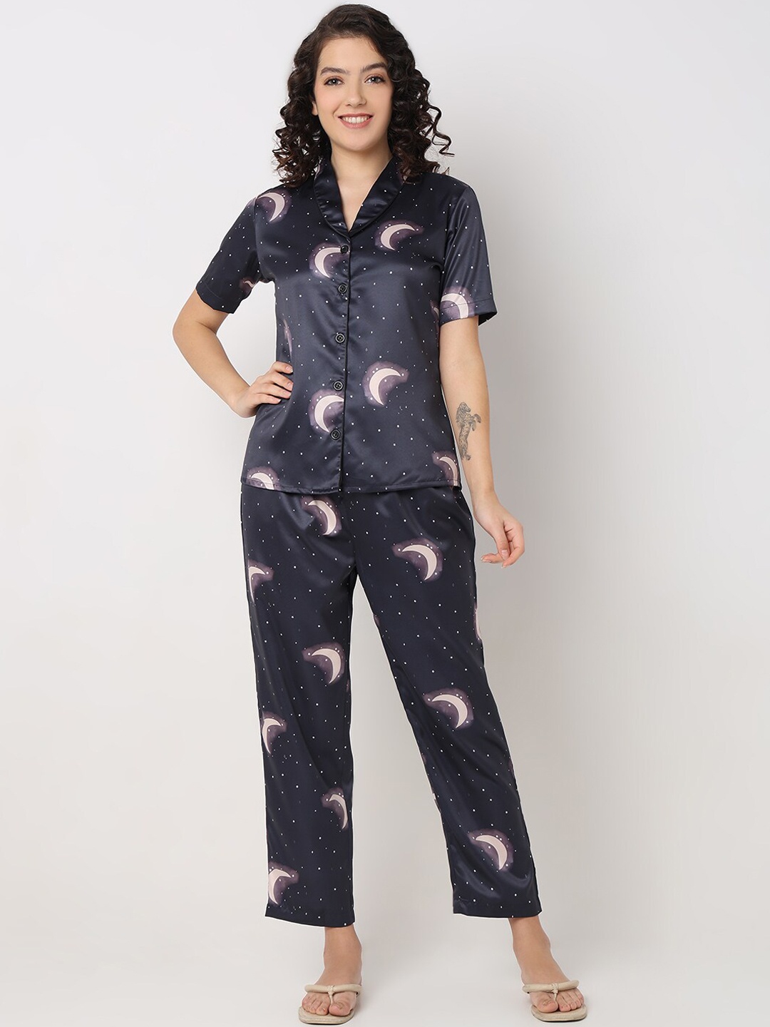 

Smarty Pants Conversational Printed Silk Satin Night Suit, Teal