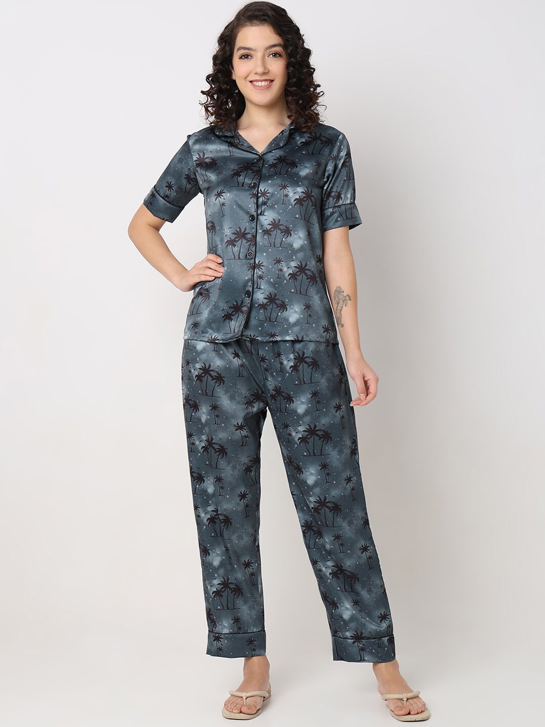 

Smarty Pants Conversational Printed Silk Satin Night Suit, Grey