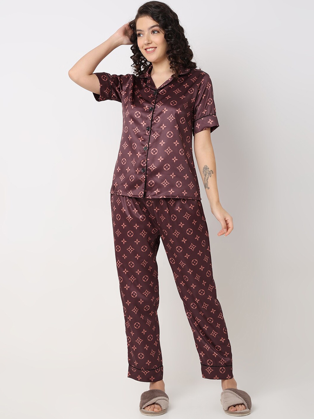 

Smarty Pants Conversational Printed Silk Satin Night Suit, Brown