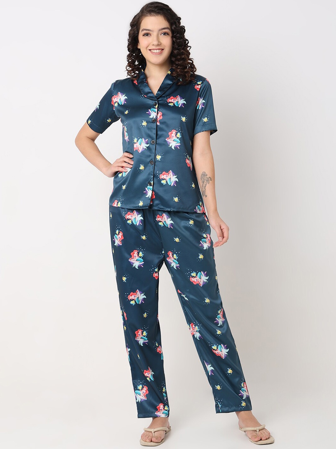 

Smarty Pants Conversational Printed Silk Satin Night Suit, Teal