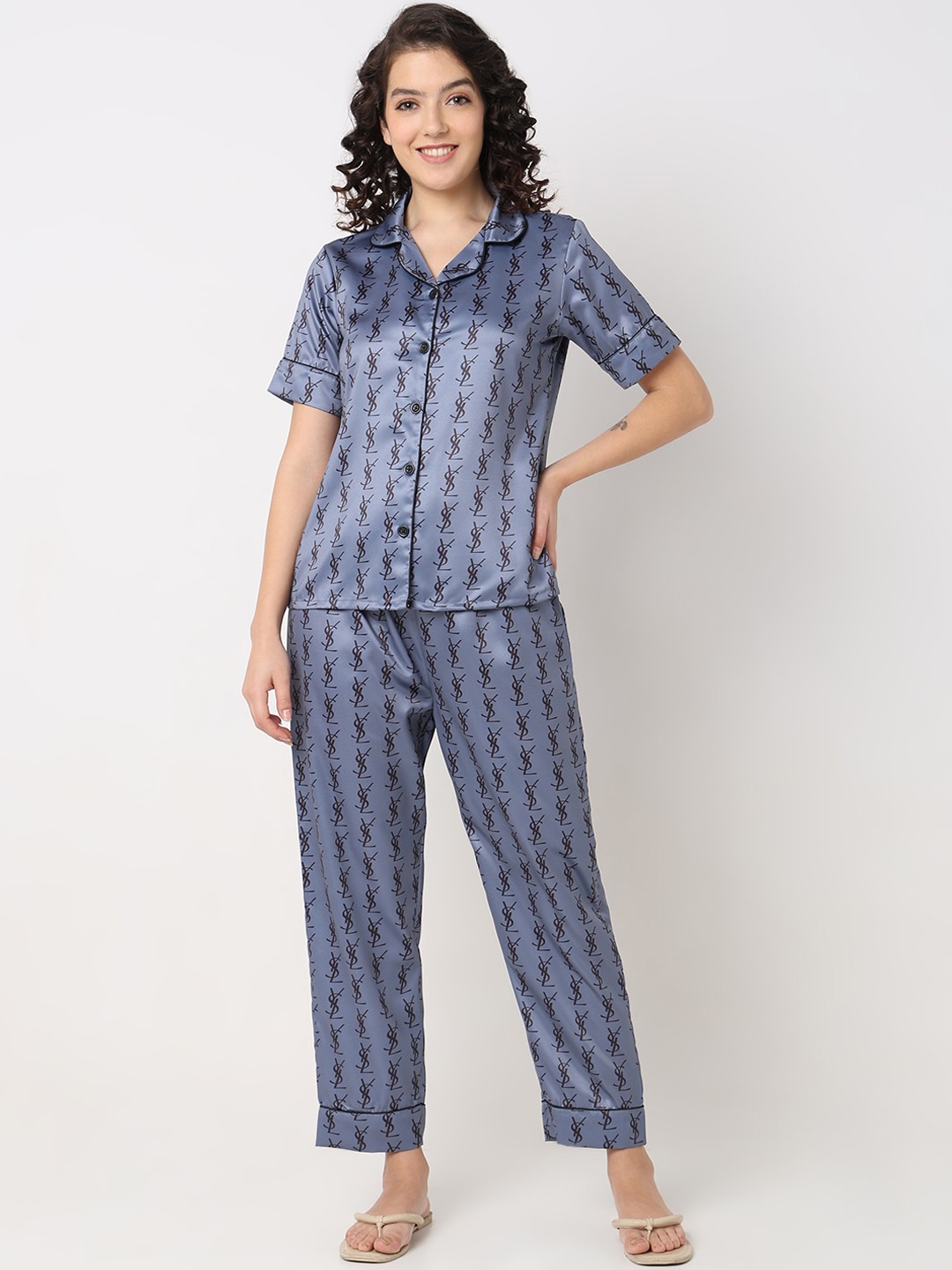 

Smarty Pants Conversational Printed Silk Satin Night Suit, Grey