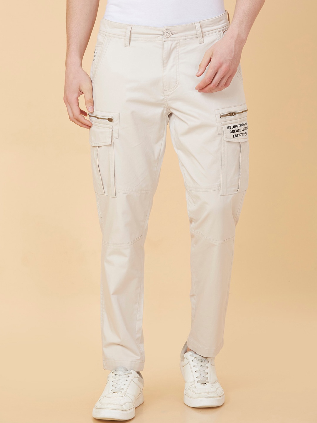 

Being Human Men Slim Fit Mid-Rise Cargos, Off white