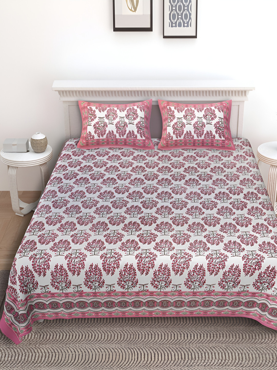 

Texstylers Pink Floral 186 TC Cotton Queen Bedsheet with 2 Pillow Covers