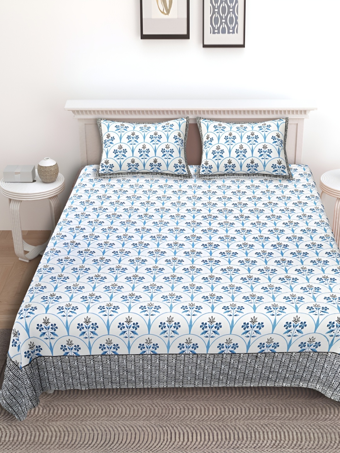 

Texstylers Blue Floral 186 TC Cotton Queen Bedsheet with 2 Pillow Covers