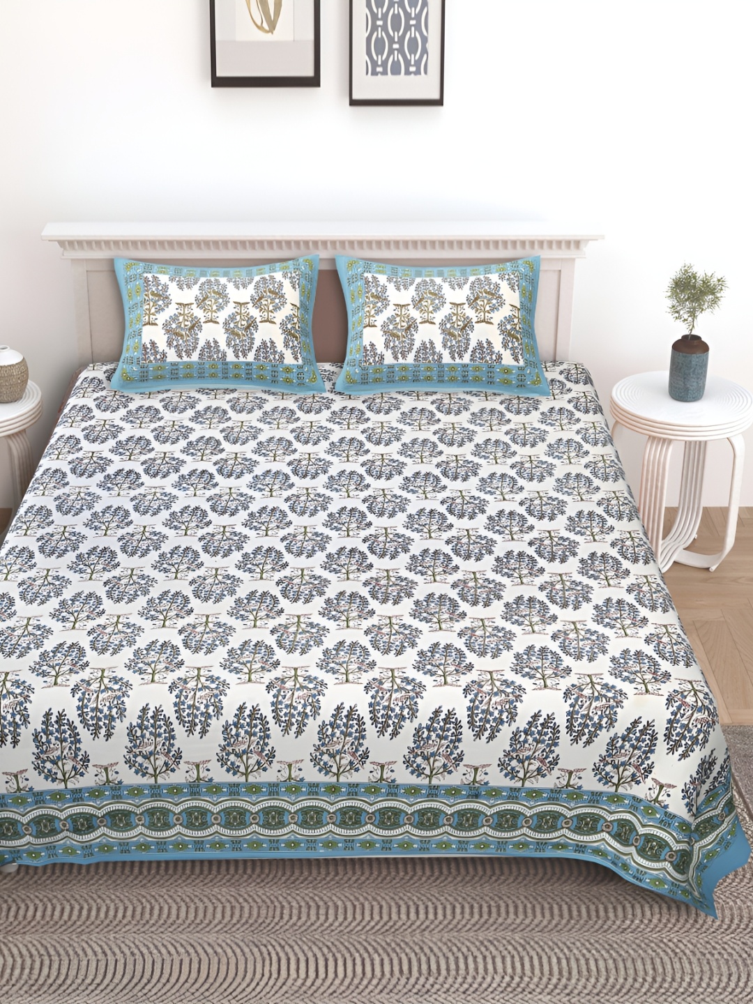 

Texstylers Blue Floral 186 TC Cotton Queen Bedsheet with 2 Pillow Covers