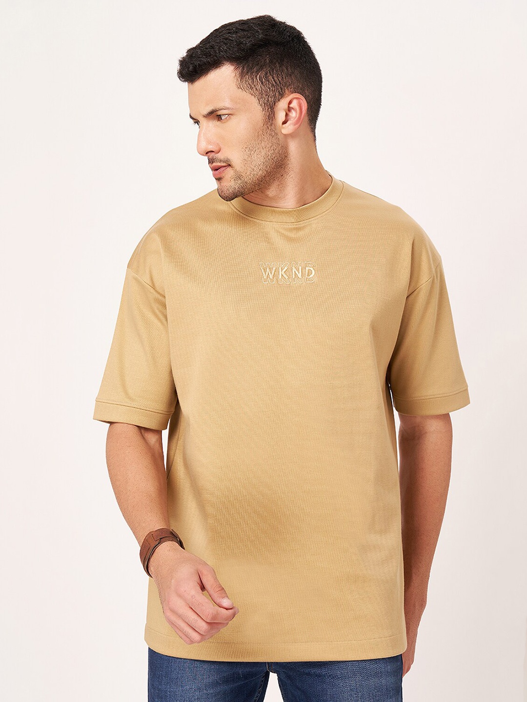 

ZU Drop-Shoulder Sleeves Pure Cotton Oversized Longline T-shirt, Beige