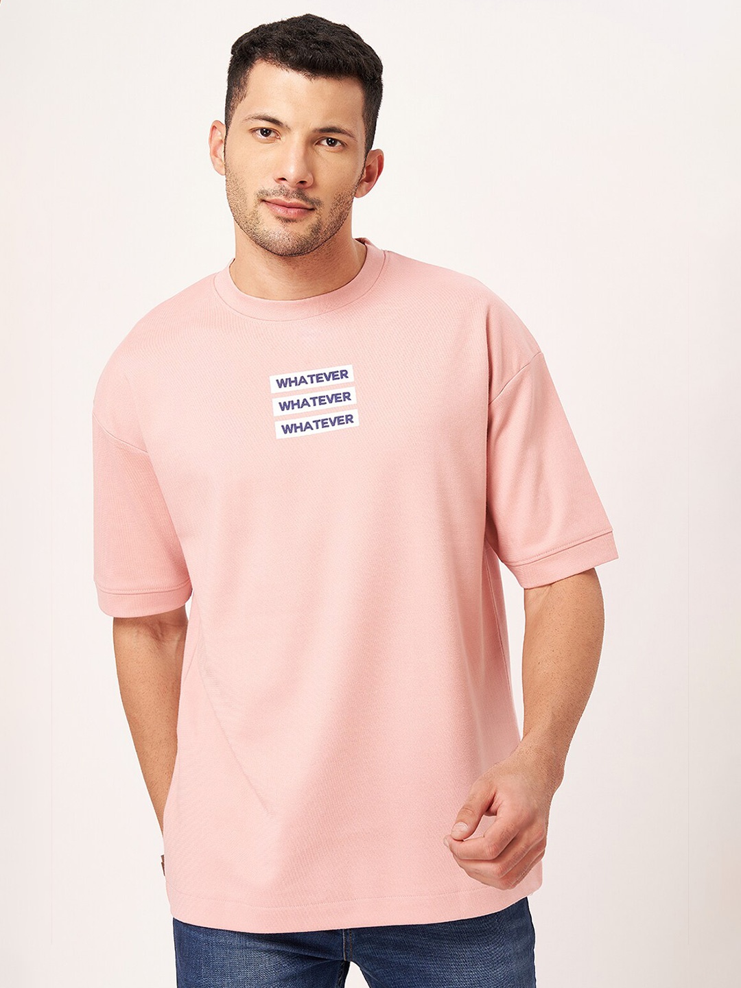 

ZU Typography Printed Drop Shoulder Sleeves Cotton Oversized T-shirt, Pink
