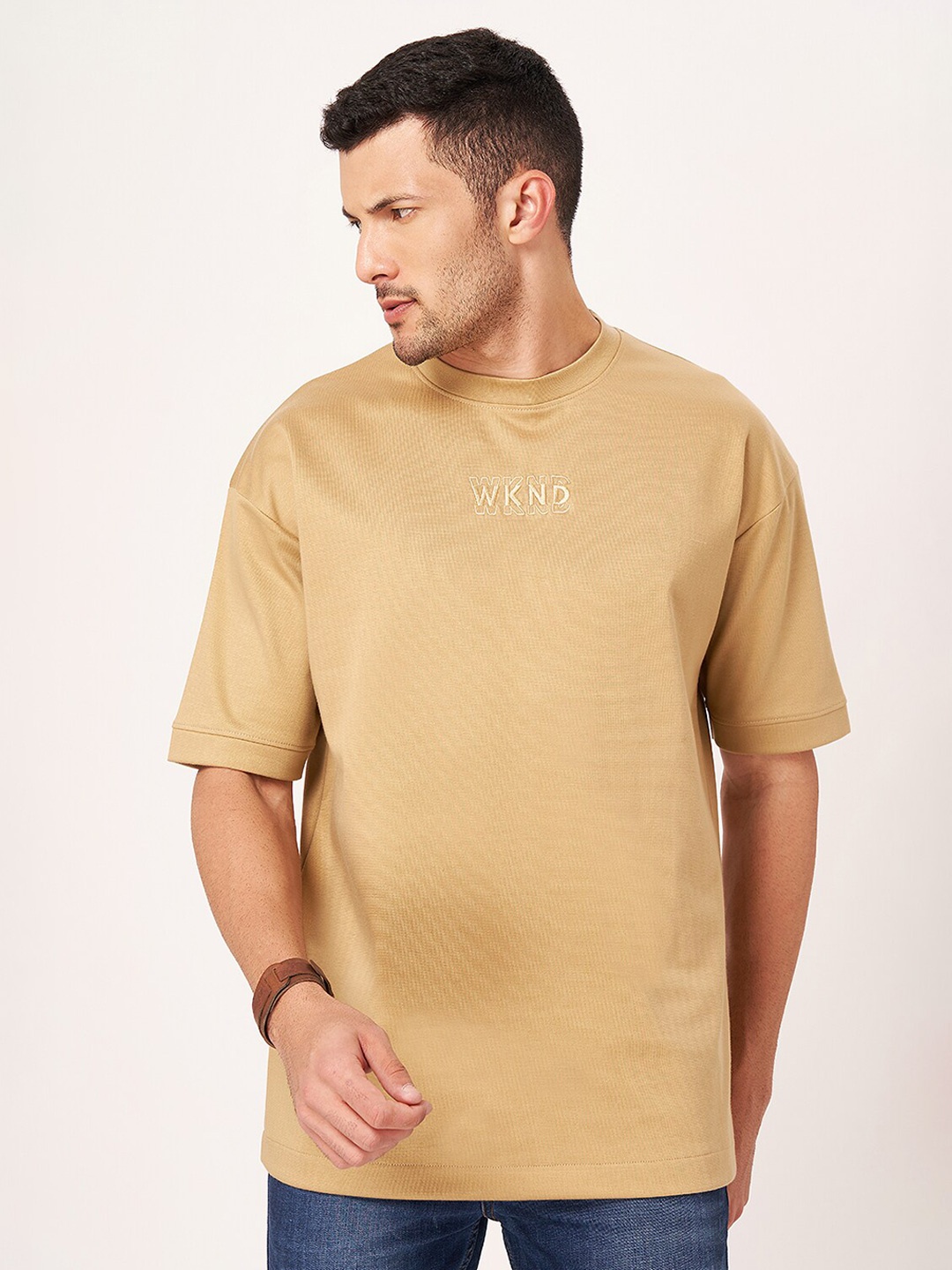 

ZU Drop-Shoulder Sleeves Pure Cotton Oversized Longline T-shirt, Beige