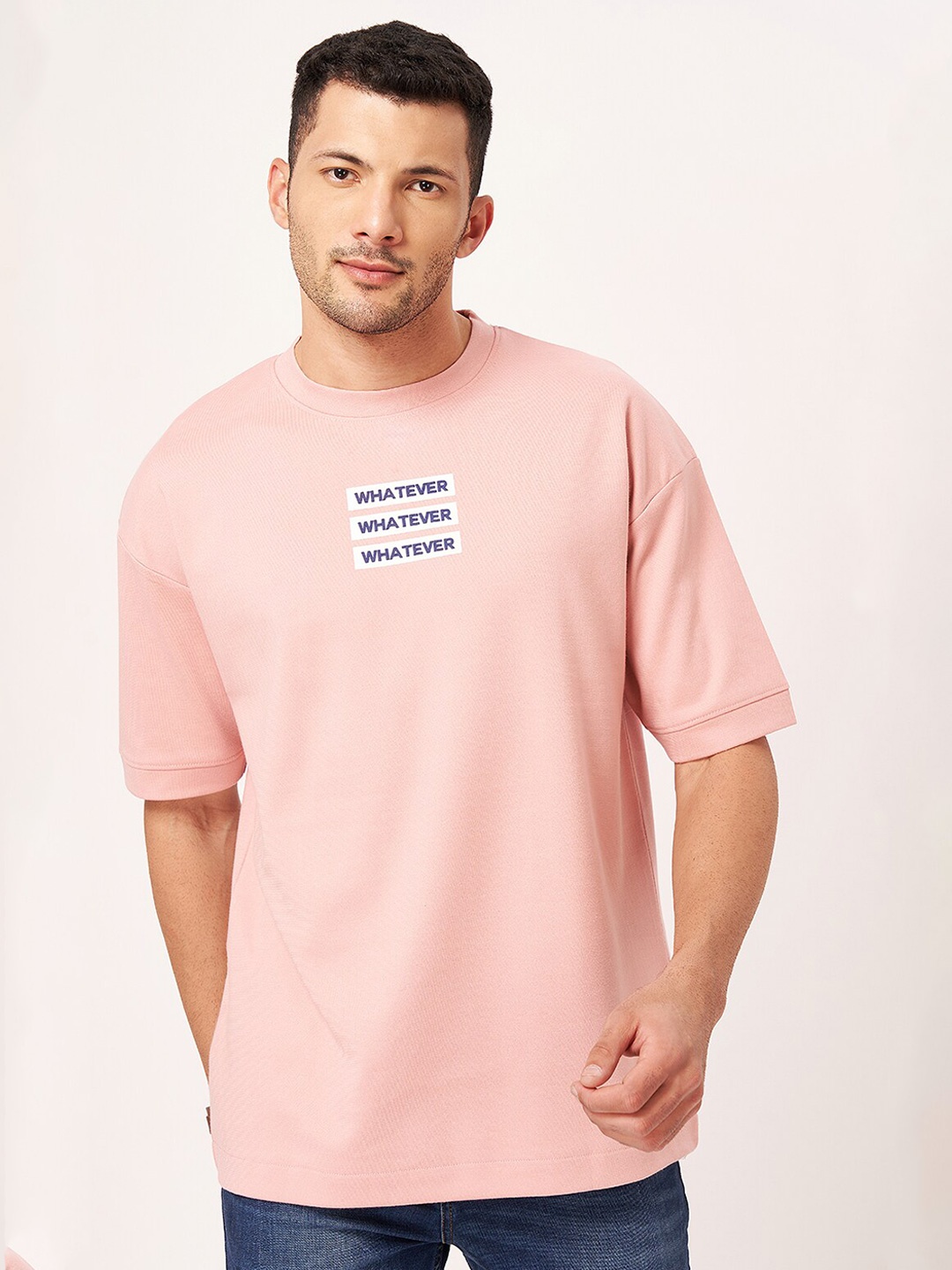 

ZU Typography Printed Pure Cotton Drop Shoulder Round Neck T-shirt, Pink