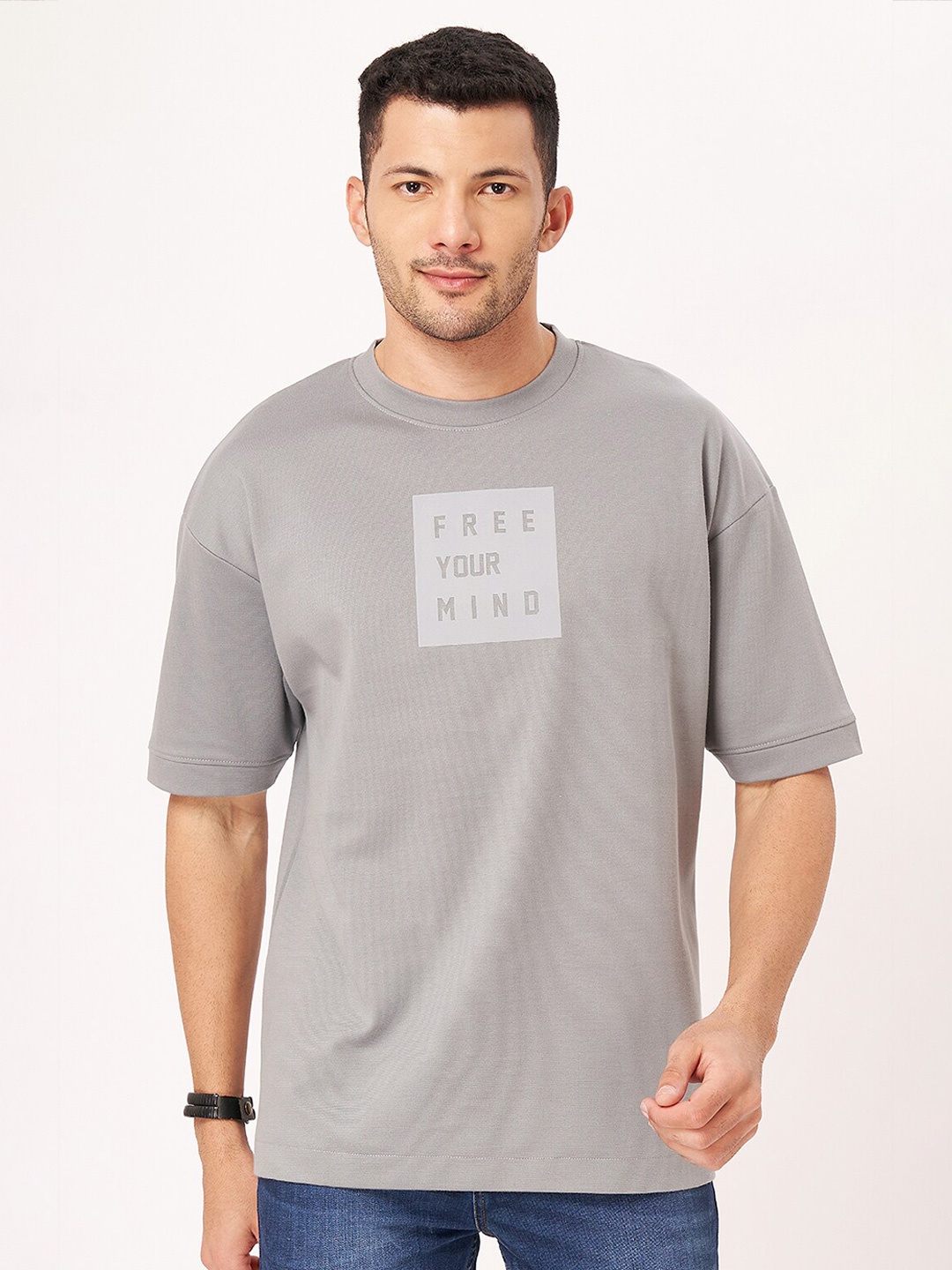 

ZU Round Neck Pure Cotton Drop Shoulder T-shirt, Grey